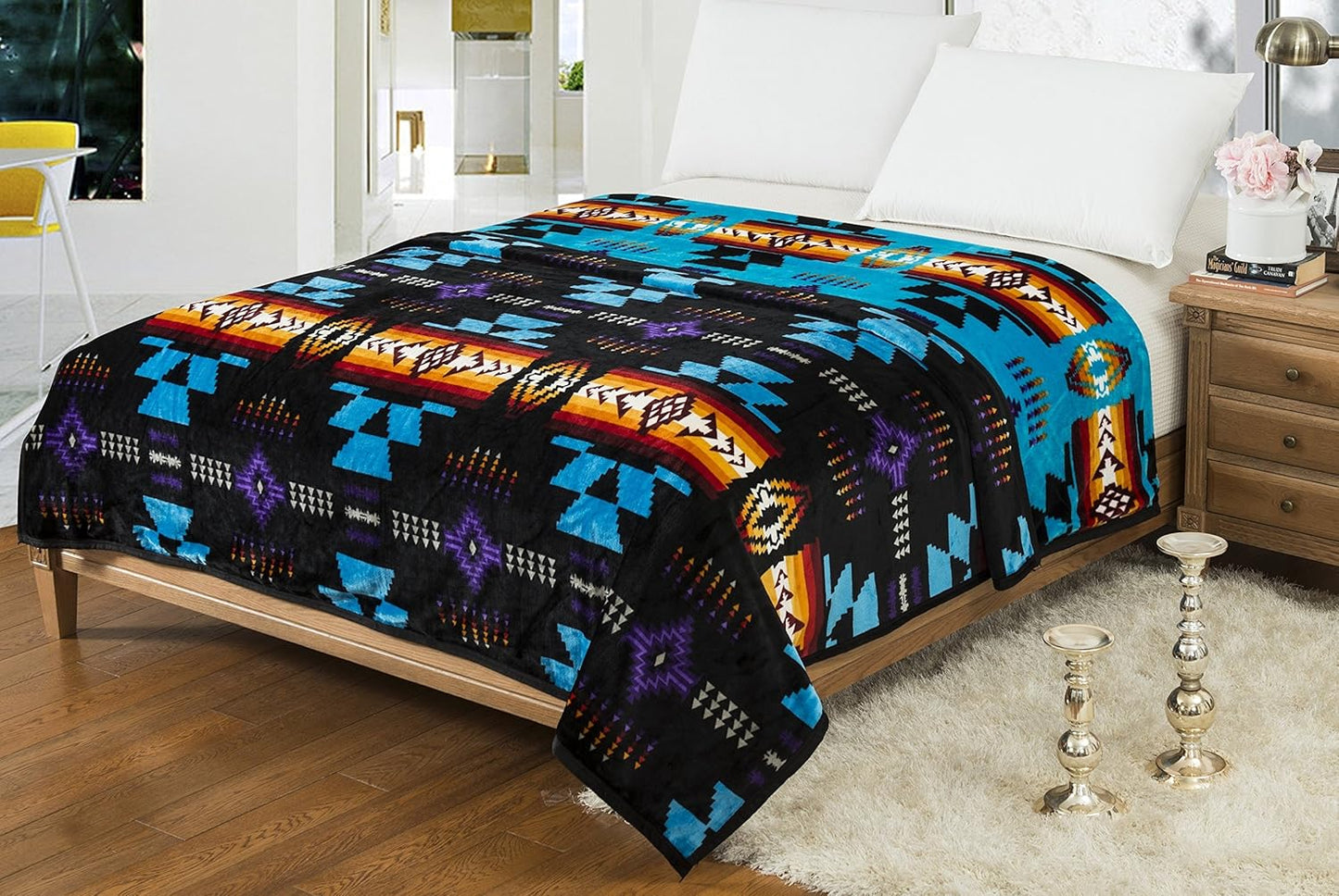 Classic Velvet Plush Reversible Blanket - Turquoise Blue/Black- FULL/TWIN