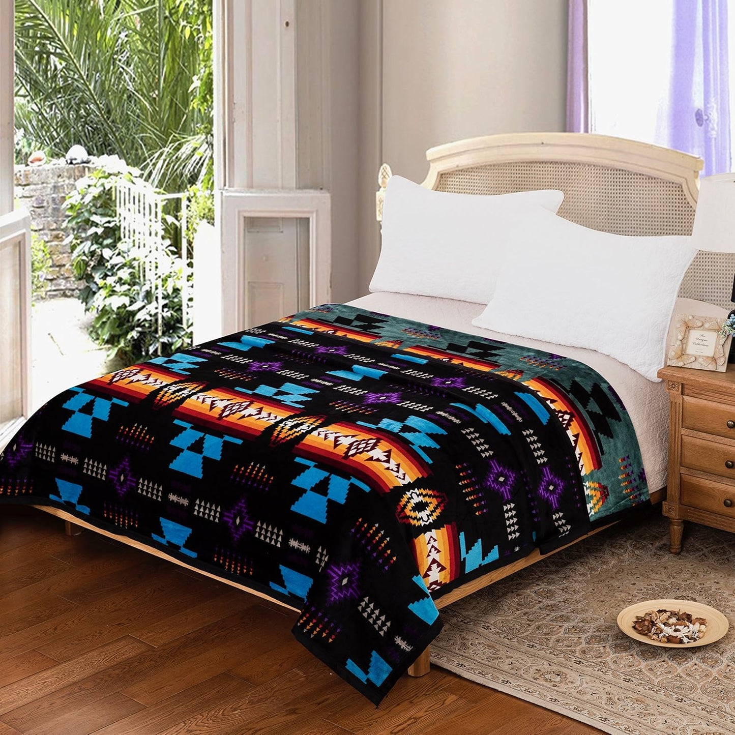 Classic Velvet Plush Reversible Blanket  - TealGreen/ Black - FULL/TWIN